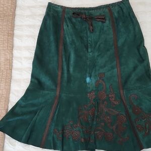Double D Ranch Green Suede A-Line Skirt with Brown Trim